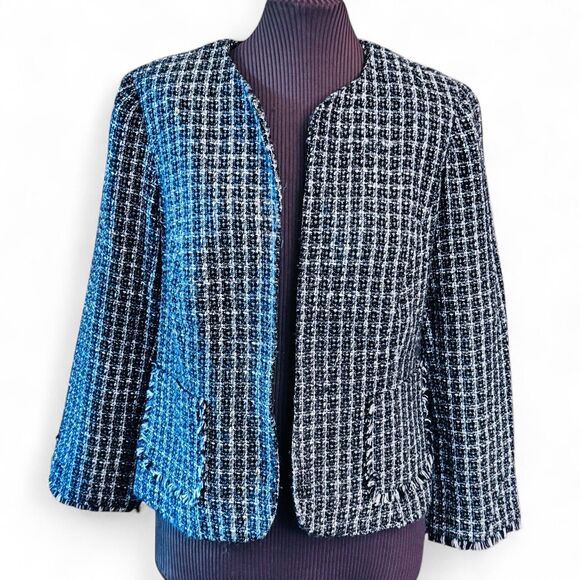 George Woman Tweed Fringe Edge Blazer Jacket Open Front Black White Sz 16W - Picture 1 of 11